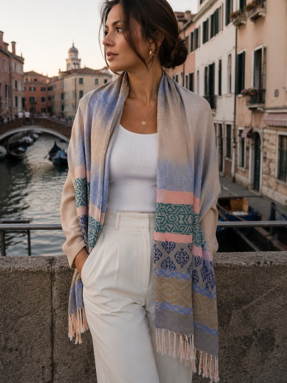 Pashmina Scarf Shawl Beige Blue Boho Travel Wrap Lightweight Multicolour Luxe